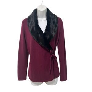 Talbots Women Wrap Cardigan Small P Wool Cashmere Blend Faux Fur Removable Colla